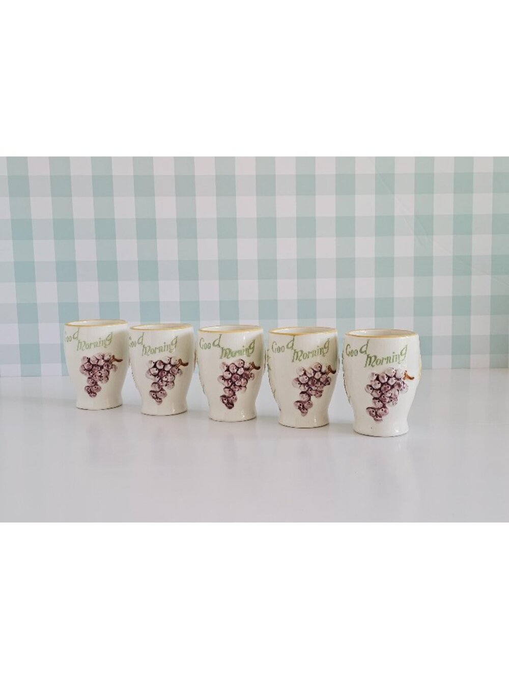 Vintage Ceramic Juice Glasses With Raised Fruit And Good Morning, Glass Set of 5